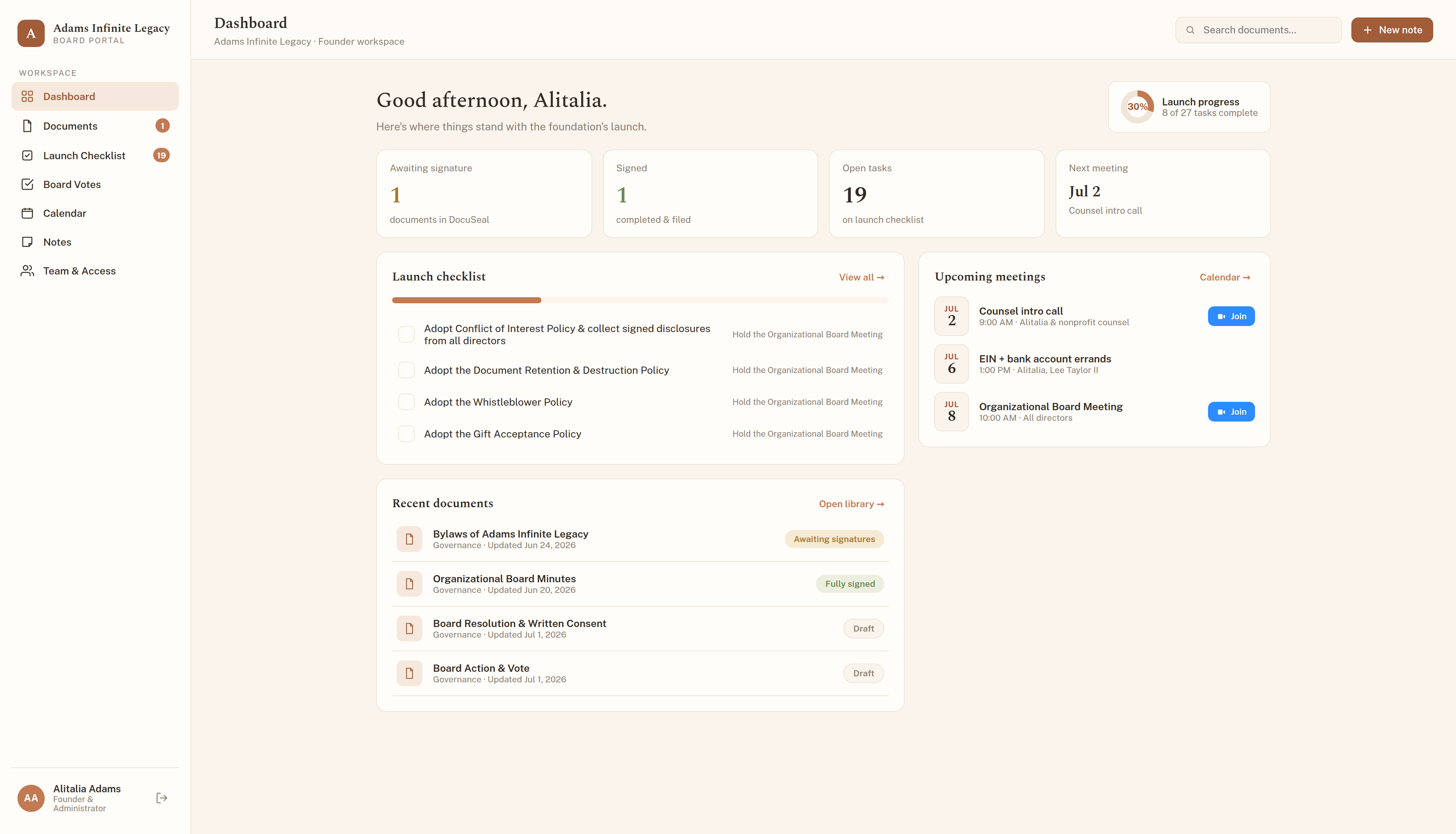 Quorum dashboard — launch progress, documents, meetings, and an open board vote